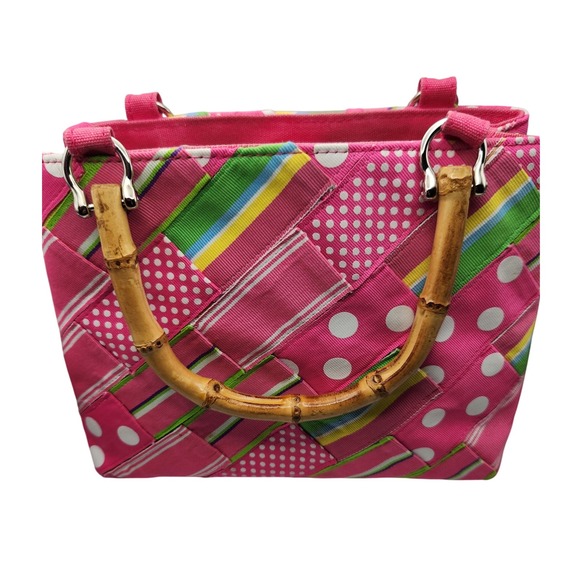 Alexandra‎ Bartlett pink patchwork bamboo handle satchel handbag - Picture 1 of 10
